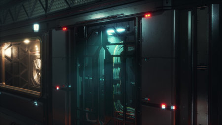 In a dimly lit corridor, sleek futuristic doors emit a soft glow. The metallic surfaces gleam while...