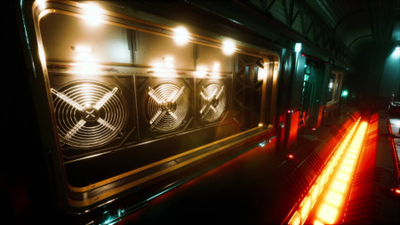 In a dimly lit industrial space, glowing lights illuminate large ventilation fans.の写真素材