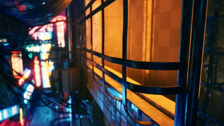 Bright lights of neon signs reflect off the wet pavement, creating a colorful atmosphere.