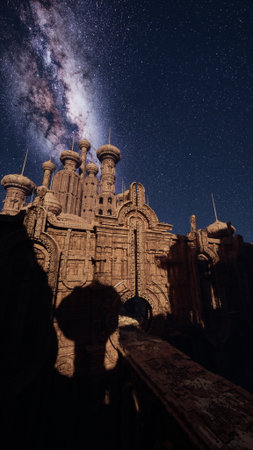 A stunning castle stands tall against the backdrop of a deep blue night sky filled with twinkling stars. The Milky Way glows brightly above, creating a magical atmosphere.の写真素材