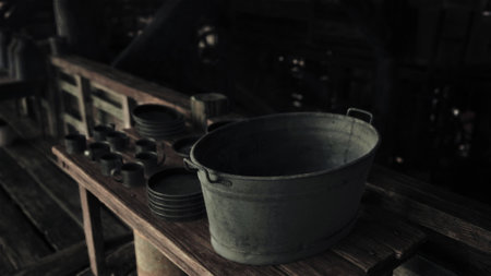 A rustic wooden workbench holds a large metal bucket alongside various plates and cups. Soft light filters through the space, creating a warm and inviting atmosphere for creativity.の写真素材