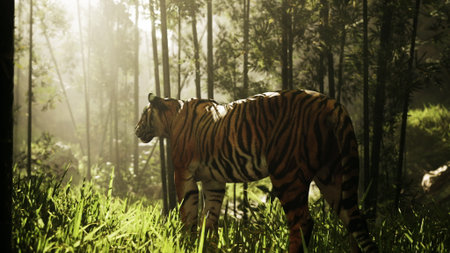 A striking tiger wanders through a lush jungle filled with tall grass and bamboo. Sunlight filters through the trees, creating a serene and enchanting atmosphere at dawn.の写真素材