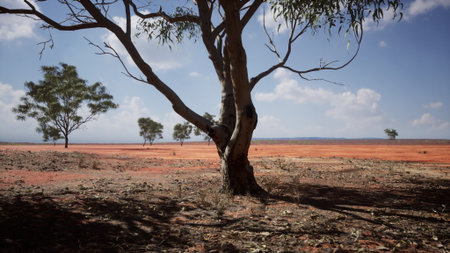 In a dry landscape, a solitary tree stands on cracking earth, surrounded by sparse vegetation and a...