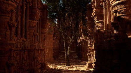 In a secluded valley, ancient stone structures rise around a flourishing tree. Sunlight filters through the foliage, casting gentle shadows on the worn paths below, inviting exploration.の写真素材