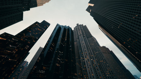 Looking up at towering skyscrapers, their dark silhouettes contrasted by warm lights inside, the evening sky reveals a vibrant city scene that energizes the atmosphere.の写真素材