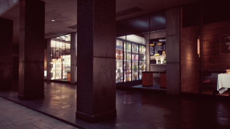 Brightly lit cafe features sleek design with large windows showcasing delicious treats. Tables are set for diners enjoying a cozy meal, creating a warm, inviting vibe.の写真素材