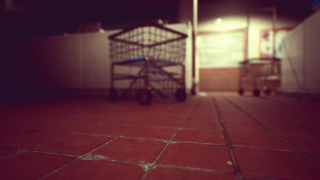 A quiet scene in an abandoned store shows empty shopping carts resting against the red tiled floor. The faint glow of light highlights the stillness, evoking a sense of mystery and nostalgia.の写真素材