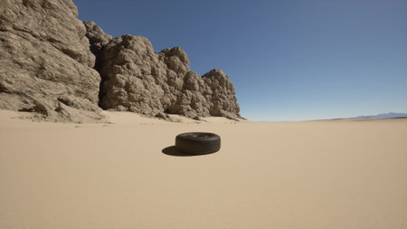 A lone black tire rests on the golden sands of a vast desert. Surrounding the tire, towering rocky formations rise against the azure sky, creating a striking contrast.の写真素材