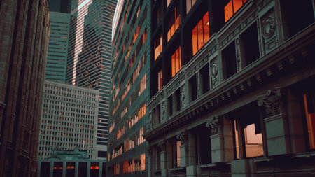 As twilight descends, the vibrant cityscape comes alive with lights reflecting on modern skyscrapers. The warm glow from windows adds a sense of charm and energy to urban life.の写真素材