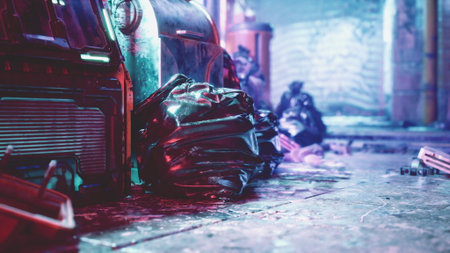 In a dimly lit alley of a bustling city, colorful trash bags spill onto the pavement, creating an unexpected contrast with the grimy surroundings. Neon lights wash over the scene.の写真素材