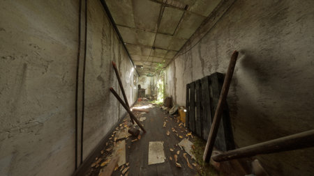 A long, narrow hallway shows signs of neglect. Plants creep through cracks in the walls as light filters in, illuminating the clutter and forgotten items scattered on the floor.の写真素材