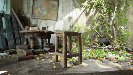 Old wooden furniture is scattered in a forgotten room overtaken by greenery. Sunlight filters through, revealing remnants of a past life intertwined with natures return.の写真素材
