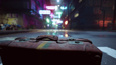 A weathered suitcase sits on a rain soaked street, surrounded by vibrant neon signs and blurry city lights. The bustling urban scene captures the essence of nighttime adventures and journeys.の写真素材
