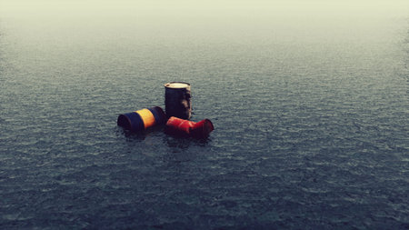 Three barrels, painted in vibrant colors, drift peacefully on a still body of water, while soft rain...