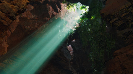 Amidst the silence of a secluded cave, rays of sunlight penetrate the ceiling, illuminating lush...