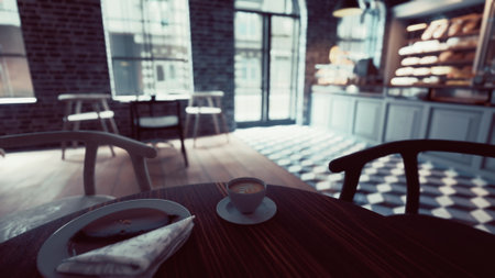 Sunlight streams through large windows, illuminating a cozy cafe. A small table features a cup of rich coffee, a napkin, and a slice of dessert waiting to be enjoyed.の写真素材
