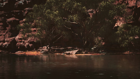 Calm waters reflect the deep hues of towering cliffs as trees stand silently along the riverbank....