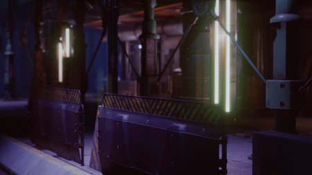 An underground station captures the calm of night as neon lights glow softly. Shadows dance on the walls, creating an atmosphere of mystery and tranquility. The scene feels both modern and nostalgic.の写真素材