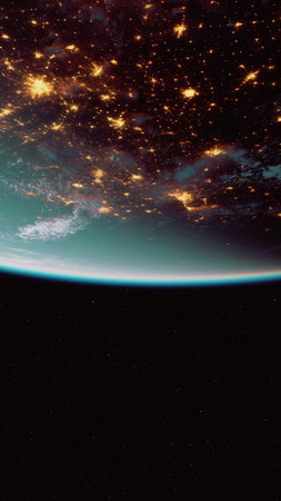 A breathtaking scene showcases Earth from space, revealing twinkling city lights against a dark background.の写真素材