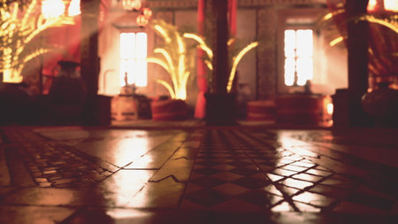 Soft light filters through windows, illuminating a room filled with exotic decor and patterned tiles. This inviting atmosphere hints at stories waiting to be told.の写真素材