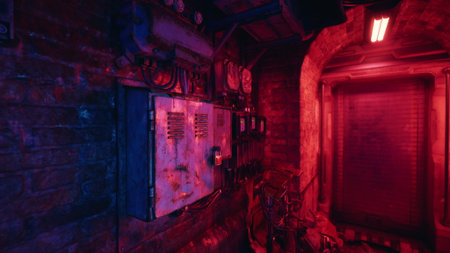 In a dimly lit alleyway, red and blue lights illuminate exposed brick walls. Electrical equipment...