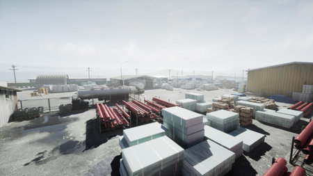 Busy construction site filled with stacks of materials like pipes and crates. The sun shines...
