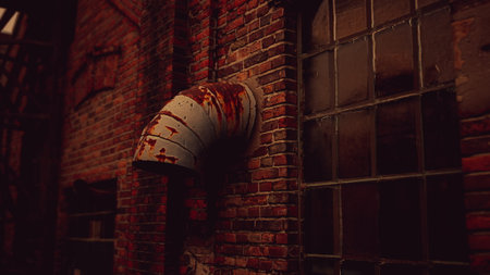 Inside a derelict factory, a rusty pipe protrudes from a weathered brick wall. Shadows play on the surfaces, hinting at a once thriving workspace now left to decay over time.の写真素材