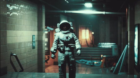 An astronaut stands in a dimly lit corridor of an underground facility. Equipped for exploration, they gaze towards the shadows, hinting at secrets waiting to be uncovered in the dark.の写真素材