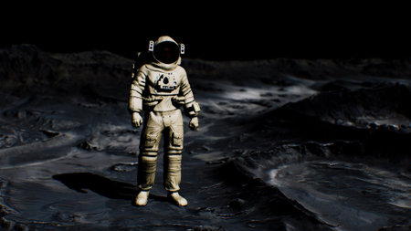 An astronaut stands on the rugged lunar surface, surrounded by craters and shadows. The vast expanse of space and distant stars create a tranquil yet mysterious atmosphere in this cosmic adventure.の写真素材