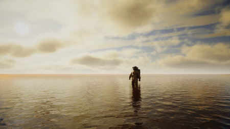 A solitary figure strides through a vast, reflective ocean under a dramatic sky filled with fluffy clouds. The atmosphere feels otherworldly, merging sea and sky as sunset approaches.の写真素材