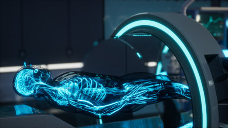 A detailed visualization of a human body reveals a luminous network of blood vessels glowing in a high tech medical environment, showcasing advanced imaging technology in action.の写真素材