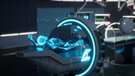 Inside a cutting edge medical facility, a glowing holographic skeleton rests on a high tech examination table, surrounded by advanced machinery, giving an impression of future medical practices.の写真素材