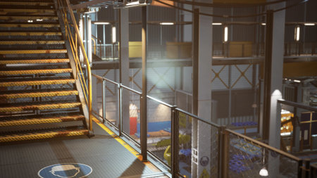 Workers engage in their daily tasks within a spacious factory setting. Bright industrial lighting illuminates the area, showcasing advanced equipment and an organized layout filled with activity.の写真素材