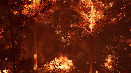 Flames consume trees and underbrush in a forest as a destructive wildfire rages. Thick smoke billows into the air, creating a dramatic and chaotic environment, showcasing natures fury.の写真素材