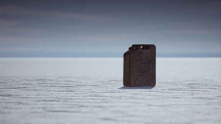 In an expansive white landscape, a solitary black container captures attention against a backdrop of endless snow. The stark contrast evokes feelings of isolation and curiosity.の写真素材