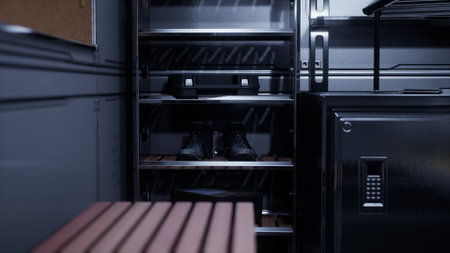 In a dimly lit industrial area, a metal cabinet reveals a pair of boots resting silently. The space conveys an air of mystery and forgotten stories, inviting curiosity.の写真素材