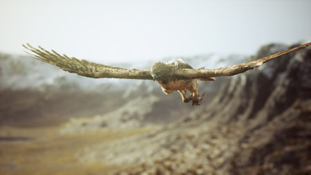 A powerful hawk glides through the sky with outstretched wings, overlooking a stunning mountainous terrain at sunset. The warm light highlights its feathers and the rocky backdrop.の写真素材