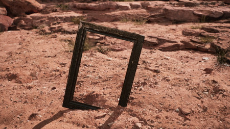 A solitary frame tilts on the dry ground, surrounded by reddish rocks and sparse vegetation, illuminated by warm sunlight. This intriguing composition evokes thoughts of isolation.の写真素材