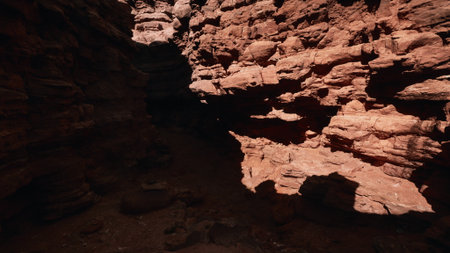 Shadows dance across the sunlit canyon walls as the vibrant red rocks reveal their textures and contours, creating a mesmerizing landscape in a tranquil natural setting.の写真素材