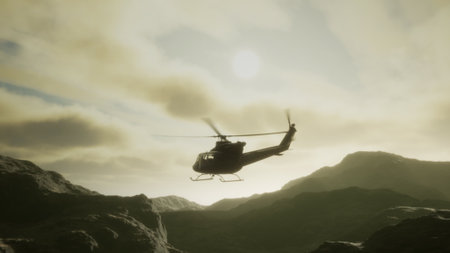 A helicopter gracefully navigates rocky terrain as the sun sets, casting a warm glow on the peaks....