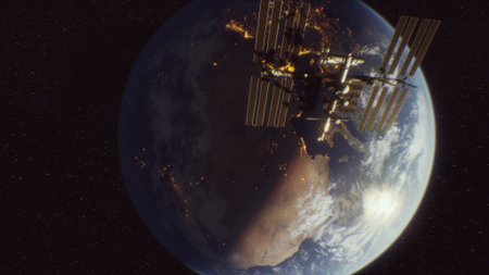 A magnificent view from space captures a satellite soaring over Earth, illuminating cities with...
