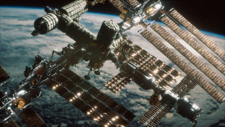 Soaring above the planet, a grand space station glistens in sunlight, surrounded by the vastness of...