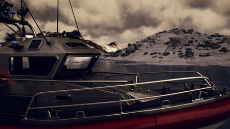 A sleek rescue boat is poised in the chilly waters, surrounded by glacial landscapes. Dark clouds loom overhead, creating a dramatic atmosphere.の写真素材