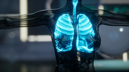 Detailed visualization reveals the complex network of human lungs with glowing representations of airways and alveoli, illustrating their essential role in respiration and health.の写真素材