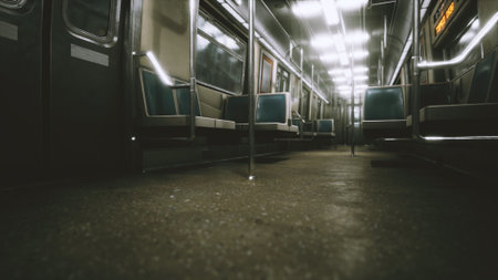 A tranquil subway car features rows of empty seats illuminated by soft overhead lights. The floor shines under the bright glow, creating a serene atmosphere at night.の写真素材