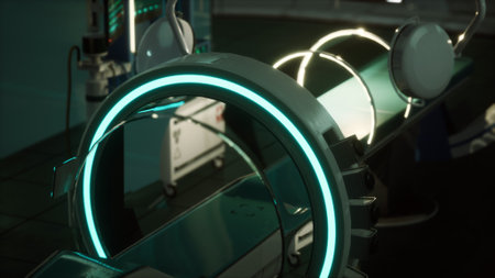 Bright neon lights illuminate advanced medical equipment in a sleek research lab. The atmosphere...