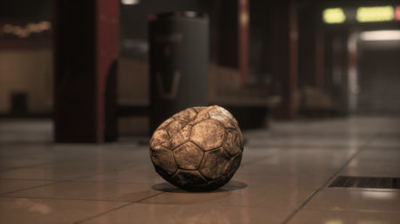 A weathered soccer ball lies on the polished floor of a deserted urban hall. Dim lighting enhances the mood of nostalgia and abandonment in the quiet surroundings.の写真素材
