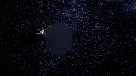 A spacecraft glides through the dark expanse of space, surrounded by a shimmering blanket of stars. The journey unfolds in the depths of the universe, presenting a majestic view.の写真素材