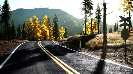 A picturesque road curves gently through a vibrant autumn landscape, where golden and orange foliage contrasts beautifully against evergreen trees. The sun casts warm light over the scene.の写真素材