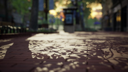 Sunlight filters through trees, casting intricate leaf patterns on a warm brick pathway. The...